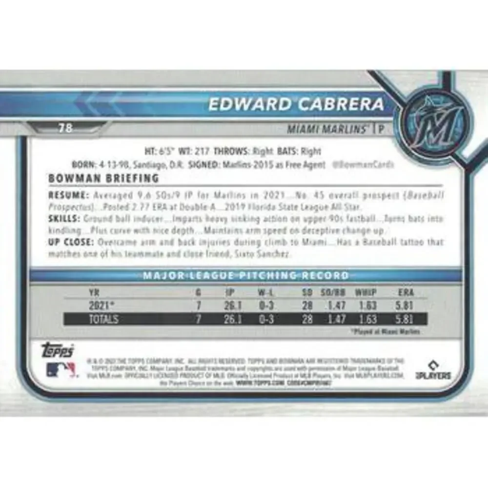 2022 Bowman Edward Cabrera Rookie #78 Miami Marlins